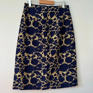 J. Crew Pencil Skirt Textured Navy & Gold Floral  Print | Women’s Size 0 NWT